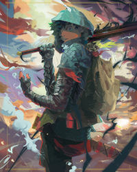 Rule 34 | 1boy, absurdres, alternate universe, aura, bandaged arm, bandages, boku no hero academia, commentary, dark aura, english commentary, glyph, green eyes, green hair, hand up, highres, holding, holding sword, holding weapon, hood, hood up, looking at viewer, male focus, midoriya izuku, over shoulder, scabbard, sheath, simple background, solo, sword, sword over shoulder, timtimayo, weapon, weapon over shoulder
