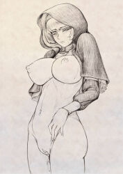 Rule 34 | blush, breasts, commentary request, hand on own hip, hatching (texture), highres, large breasts, long sleeves, looking at viewer, mismatched pupils, musen-shiki sanhankikan, narrowed eyes, nipples, no panties, nude, nun, original, paper texture, pointy breasts, pussy, pussy juice, shrug (clothing), simple background, sweat, traditional media, veil, white background