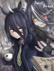 Rule 34 | +++, 2girls, absurdres, ahoge, animal ears, animal print, blurry, blurry foreground, casing ejection, cat print, coat, commentary, commentary request, cup, earrings, english commentary, english text, eyes visible through hair, fingerless gloves, firing, genderswap, genderswap (mtf), ghost, gloves, gun, handgun, heterochromia, highres, holding, holding gun, holding weapon, horse ears, horse girl, jewelry, leogust, long bangs, m1911, manhattan cafe (umamusume), mixed-language commentary, multicolored hair, multiple girls, necktie, newspaper, original, partial commentary, personification, red eyes, sharp teeth, shell casing, single earring, streaked hair, sunday silence (racehorse), teacup, teeth, translucent, two-tone hair, umamusume, weapon, weapon request, white hair, yellow eyes, yellow necktie