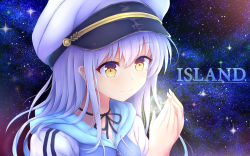 Rule 34 | &gt;:), 10s, 1girl, black ribbon, blue jacket, blush, brown eyes, closed mouth, copyright name, endsmall min, hair between eyes, hands up, hat, highres, hood, hood down, hooded jacket, island (game), jacket, long hair, looking away, military hat, neck ribbon, night, night sky, ohara rinne, peaked cap, purple hair, ribbon, sky, smile, solo, star (sky), starry sky, v-shaped eyebrows, white hat