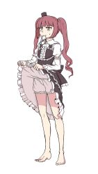 Rule 34 | 1girl, absurdres, barefoot, bloomers, brown eyes, brown hair, chan ye2, clothes lift, dress, dress lift, eyepatch, unworn eyepatch, frilled dress, frills, frown, full body, hanazono yurine, hat, highres, jashin-chan dropkick, jitome, knees, lifted by self, lolita fashion, long hair, long sleeves, medical eyepatch, mini hat, mini top hat, mouth hold, simple background, solo, sweatdrop, tilted headwear, toes, top hat, twintails, underwear, white background, white bloomers