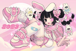 Rule 34 | 1girl, 2023, :d, animal ears, backpack, bag, black eyes, black hair, bow, chinese zodiac, doll, earrings, garter straps, heterochromia, highres, jacket, jewelry, looking at viewer, mino (kirarayakubou), open mouth, original, pink bow, pink eyes, pink footwear, rabbit ears, rabbit girl, rabbit tail, single thighhigh, smile, socks, solo, tail, thighhighs, twintails, white jacket, white socks, white thighhighs, year of the rabbit