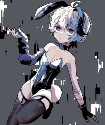 Rule 34 | 1girl, ahoge, androgynous, animal ears, arm warmers, bags under eyes, bandaged arm, bandages, belt collar, black collar, black gloves, black hair, black pantyhose, breasts, cleavage, closed mouth, collar, covered navel, fake animal ears, fake tail, flat chest, flower (vocaloid), flower (vocaloid4), glitch, gloves, grey background, hand up, leg up, leotard, looking at viewer, multicolored hair, pantyhose, playboy bunny, purple arm warmers, purple eyes, rabbit ears, rabbit tail, short hair, single arm warmer, solo, streaked hair, tail, thigh strap, thighs, vocaloid, white hair, zer0h
