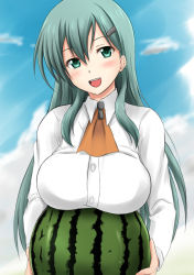 Rule 34 | 10s, 1girl, aqua eyes, aqua hair, blush, breast rest, breasts, carried breast rest, carrying, cloud, day, food, fruit, fuuma nagi, hair ornament, hairclip, kantai collection, large breasts, long hair, looking at viewer, open mouth, sky, solo, suzuya (kancolle), watermelon