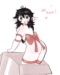 Rule 34 | 1girl, :3, :3d, ass, bare hips, bare shoulders, bikini, black hair, blush, bow, box, breasts, cardboard box, english text, highres, leg ribbon, long hair, looking at viewer, medium breasts, messy hair, mistysnugglebug, original, pointy ears, red bow, red ribbon, ribbon, simple background, sleepy (mistysnugglebug), swimsuit, thighs, white background