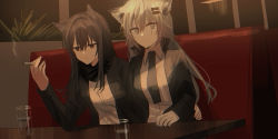 Rule 34 | 2girls, absurdres, animal ear fluff, animal ears, arknights, between fingers, black hair, black jacket, black nails, black neckwear, breasts, brown eyes, chihuri, cigarette, closed mouth, collared shirt, couch, cup, dress shirt, drinking glass, grey eyes, grey hair, hair between eyes, hair ornament, hairclip, highres, holding, holding cigarette, jacket, lappland (arknights), long hair, long sleeves, looking at viewer, multiple girls, nail polish, on couch, open clothes, open jacket, parted lips, shirt, sitting, small breasts, smoke, table, texas (arknights), upper body, very long hair, white shirt