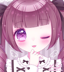 Rule 34 | 1girl, ;p, black bow, black dress, blush, bow, brown hair, closed mouth, dress, hair bow, hand up, heart, heart in eye, highres, himetsuki luna, long hair, long sleeves, looking at viewer, one eye closed, original, puffy long sleeves, puffy sleeves, purple eyes, ringlets, signature, sleeves past wrists, smile, solo, striped, striped background, symbol in eye, tongue, tongue out, twintails, twitter username, vertical stripes