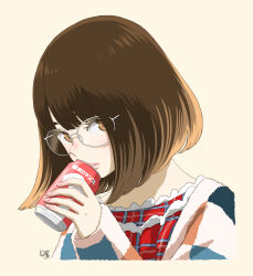 Rule 34 | 1girl, archived source, blush, bob cut, brown eyes, brown hair, can, close-up, cropped torso, glasses, gradient hair, highres, holding, holding can, key (kagibangou), long sleeves, looking at viewer, multicolored hair, open clothes, original, parted lips, plaid, short hair, simple background, solo, two-tone hair