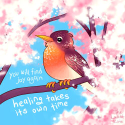 Rule 34 | animal, animal focus, animal request, artist name, bird, bird request, blue sky, cherry blossoms, english text, in tree, looking at viewer, no humans, original, signature, sky, thelatestkate, tree