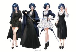 1girl absurdres alternate_costume animal_ears apron arknights artist_name astesia_(arknights) bag bird_ears bird_tail black_dress black_skirt blue_eyes blue_hair bright_pupils coat collared_shirt contrapposto dress high_heels highres holding holding_sword holding_weapon immeasurable jewelry looking_at_viewer maid maid_apron medal necklace open_mouth serious sheath shirt signature skirt smile sword tail teeth unsheathing upper_teeth_only waving weapon white_pupils white_shirt