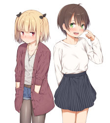 Rule 34 | 2girls, ahoge, arm behind back, black bow, black legwear, blonde hair, blush, bow, brown hair, cardigan, cross, cross necklace, denim, denim shorts, finger to cheek, flying sweatdrops, green eyes, hair bow, hands in pockets, highres, iijima yun, jewelry, long sleeves, looking at viewer, mikazuchi zeus, multiple girls, necklace, new game!, open mouth, pantyhose, pantyhose under shorts, red eyes, shinoda hajime, short hair, shorts, skirt, striped clothes, striped skirt, sweatdrop, two side up