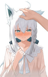Rule 34 | 1girl, absurdres, ahoge, animal ears, aqua eyes, beige blouse, blouse, blush, bow, bowtie, braid, collarbone, commentary, crossed bangs, embarrassed, fox ears, hand up, headpat, highres, hololive, kei8987, long hair, long sleeves, looking away, official alternate costume, pov, pov hands, shirakami fubuki, shirakami fubuki (street), shirt, side braid, sidelocks, simple background, upper body, virtual youtuber, white background, white bow, white bowtie, white hair