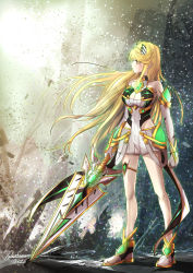 Rule 34 | absurdres, aegis sword (xenoblade), bare legs, bare shoulders, blonde hair, breasts, chest jewel, cleavage, cleavage cutout, clothing cutout, dress, earrings, elbow gloves, gem, gloves, headpiece, highres, jewelry, large breasts, long hair, mythra (xenoblade), short dress, sofusan1526, swept bangs, thigh strap, tiara, very long hair, white dress, white footwear, white gloves, xenoblade chronicles (series), xenoblade chronicles 2, yellow eyes