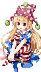 Rule 34 | 1girl, american flag, american flag dress, american flag legwear, blonde hair, clownpiece, collar, frilled collar, frilled shirt collar, frills, hat, jester cap, leggings, long hair, looking at viewer, open mouth, pantyhose, polka dot, red eyes, ruu (tksymkw), shirt, short sleeves, simple background, smile, solo, star (symbol), striped clothes, striped pantyhose, touhou, white background