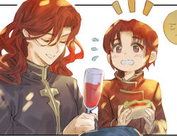 Rule 34 | 2boys, alcohol, arvis (fire emblem), azelle (fire emblem), blush, bomssp, brothers, cup, drinking glass, closed eyes, fire emblem, fire emblem: genealogy of the holy war, food, holding, long hair, male focus, multiple boys, nintendo, red eyes, red hair, siblings, simple background, smile, white background, wine, wine glass