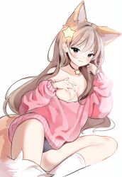 Rule 34 | 1girl, absurdres, animal ears, annytf, anyuu, artist request, black eyes, grabbing another&#039;s breast, breasts, breasts out, brown hair, grabbing, grabbing own breast, highres, jewelry, looking at viewer, medium breasts, mole, mole under eye, necklace, pink sweater, socks, sweater, tail, virtual youtuber