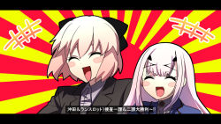 Rule 34 | 2girls, blush stickers, melusine (fate), fate/grand order, fate (series), hair ribbon, happy, headpiece, honchu, laughing, letterboxed, multiple girls, okita souji (fate), open mouth, ribbon, rising sun flag, same face, simple background, smile, sunburst