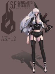 Rule 34 | 1girl, absurdres, ak-12, ak-12 (girls&#039; frontline), assault rifle, black thighhighs, blood, boots, breasts, cape, cleavage, collarbone, commentary request, full body, garter straps, gas mask, girls&#039; frontline, gloves, gun, highres, holding, holding gun, holding weapon, jacket, kalashnikov rifle, large breasts, long hair, looking at viewer, magazine (weapon), mask, mechanical arms, midriff, navel, one eye closed, purple eyes, ribbon, short shorts, shorts, silver hair, single mechanical arm, solo, standing, thighhighs, un lim, weapon