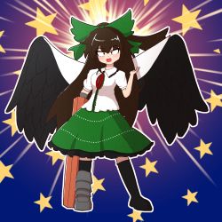 Rule 34 | 1girl, arm cannon, asymmetrical footwear, bird wings, black socks, black wings, blush, bow, breasts, brown eyes, brown hair, cape, center frills, collared shirt, commentary request, control rod, frilled shirt collar, frilled skirt, frills, full body, green bow, green skirt, hair bow, highres, kneehighs, kunugi oekaki, long hair, looking at viewer, medium breasts, mismatched footwear, open mouth, puffy short sleeves, puffy sleeves, reiuji utsuho, shirt, shoes, short sleeves, single shoe, skirt, socks, solo, star (symbol), third eye, touhou, weapon, white cape, white shirt, wings
