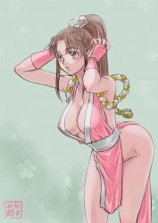 Rule 34 | 1girl, alternate color, blush, breasts, brown eyes, brown hair, cleavage, dress, fatal fury, female focus, gloves, highres, kasumi jun, large breasts, leaning forward, long hair, matching hair/eyes, ninja, panties, parted bangs, parted lips, pelvic curtain, pink dress, pink gloves, pink panties, ponytail, revealing clothes, shiranui mai, sideboob, snk, solo, the king of fighters, underwear