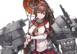 Rule 34 | 1girl, breasts, brown eyes, brown hair, cherry blossoms, detached sleeves, flower, hair flower, hair ornament, headgear, kantai collection, large breasts, long hair, machinery, oil-paper umbrella, ponytail, red umbrella, rokuwata tomoe, smile, solo, turret, umbrella, yamato (kancolle)
