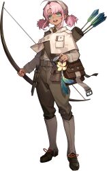 Rule 34 | 1girl, arrow (projectile), black bag, bow (weapon), brown footwear, brown pants, capelet, feathers, full body, green eyes, hairband, highres, holding, holding bow (weapon), holding weapon, jacket, leilani (reverse:1999), long sleeves, looking at viewer, official art, open mouth, pants, pink hair, quiver, reverse:1999, shoes, short twintails, sidelocks, smile, solo, standing, tachi-e, third-party source, transparent background, twintails, weapon, white capelet, white hairband, white jacket