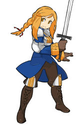 Rule 34 | 1girl, agrias oaks, armor, blonde hair, boobplate, braid, breastplate, fgz, final fantasy, final fantasy tactics, frown, holding, holding sword, holding weapon, long hair, simple background, solo, standing, sword, v-shaped eyebrows, weapon, white background