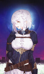 Rule 34 | 1girl, artist name, belt, black gloves, braid, breasts, character request, chilakkk, commentary, cowboy shot, final fantasy, final fantasy xiv, full moon, gloves, grass, hair between eyes, highres, large breasts, mole, mole under eye, moon, night, night sky, open mouth, orange eyes, short hair, side braid, single braid, sky, solo, tearing up, twitter username, white hair