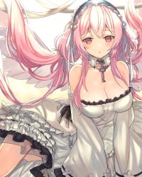 Rule 34 | 1girl, ass, azur lane, bare shoulders, breasts, center frills, cleavage, detached collar, dress, frilled dress, frilled hairband, frills, hairband, highres, jewelry, key, key necklace, large breasts, layered dress, long hair, necklace, perseus (azur lane), pink eyes, pink hair, shibaebi (yasaip game), solo, strapless, strapless dress, twintails, very long hair, wide sleeves, wings