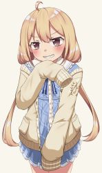 Rule 34 | 1girl, absurdres, ahoge, blush, brown eyes, brown hair, clenched teeth, clothing request, commentary, cowboy shot, futaba anzu, hand to own mouth, hand up, highres, idolmaster, light brown background, long hair, long sleeves, looking at viewer, mooramango, simple background, sleeves past fingers, sleeves past wrists, solo, standing, teeth, twintails