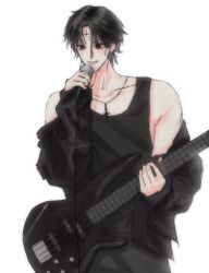 Rule 34 | 1boy, aing73153260, black eyes, black hair, black jacket, black shirt, chrollo lucilfer, collarbone, cross, cross necklace, cross tattoo, earrings, electric guitar, facial mark, facial tattoo, forehead mark, forehead tattoo, guitar, highres, holding, holding instrument, holding microphone, hunter x hunter, instrument, inverted cross, jacket, jewelry, long sleeves, male focus, microphone, necklace, off shoulder, open clothes, open jacket, shirt, short hair, simple background, sleeveless, sleeveless shirt, solo, tattoo, upper body, white background