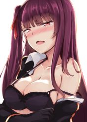 Rule 34 | 1girl, bare shoulders, black bra, black gloves, blush, bra, breasts, collarbone, girls&#039; frontline, gloves, hair ribbon, hakuya (white night), large breasts, long hair, nose blush, off shoulder, one side up, open mouth, purple hair, red eyes, red ribbon, ribbon, solo, strap gap, sweatdrop, tears, underwear, undressing, upper body, wa2000 (girls&#039; frontline), wavy mouth