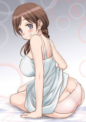 Rule 34 | 1girl, ass, blue eyes, blush, breasts, brown hair, butt crack, clothes lift, commentary request, dress, dress lift, from behind, kawamoto akari, lifted by self, long hair, looking back, mitarashi kousei, panties, ponytail, sangatsu no lion, sitting, smile, solo, sundress, underwear, white dress, white panties