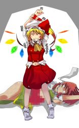 Rule 34 | 2girls, arms up, ascot, blonde hair, bobby socks, braid, breasts, closed eyes, collared shirt, dress, feet out of frame, flandre scarlet, frilled shirt collar, frills, full body, green dress, hat, hat ribbon, highres, hong meiling, knockout, medium hair, mob cap, multiple girls, navel, no shoes, one side up, open mouth, puffy short sleeves, puffy sleeves, red hair, red ribbon, red skirt, red vest, ribbon, ribbon-trimmed headwear, ribbon trim, shirt, short sleeves, skirt, small breasts, socks, standing, teeth, touhou, twin braids, vest, white headwear, white shirt, white socks, yellow ascot, yet you