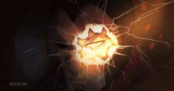 Rule 34 | 1boy, artist name, bekkomi, broken glass, commentary, glass, head, highres, jhin, league of legends, looking at viewer, male focus, mask, sepia, solo, yellow eyes