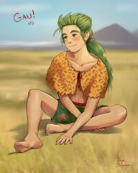 Rule 34 | 1boy, animal print, barefoot, bracelet, brown eyes, capelet, feet, final fantasy, final fantasy vi, fingernails, floral print, full body, gau, green background, green hair, green shorts, happy birthday, highres, jewelry, leopard print, low ponytail, male focus, ponytail, savannah, short hair with long locks, shorts, sidelocks, sitting, smile, solo, sparkle, tan, toenails, topless male, yellow capelet