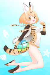 Rule 34 | 1girl, animal ears, bad id, bad pixiv id, ball, beachball, black footwear, blonde hair, breasts, clam shell, commentary, covered navel, cowboy shot, frilled swimsuit, frills, from side, highres, holding, holding ball, inukoro (spa), jacket, kemono friends, long sleeves, looking away, open clothes, open jacket, open mouth, print jacket, print scarf, print swimsuit, sandals, scarf, seashell, serval (kemono friends), serval print, serval tail, shell, short hair, small breasts, smile, solo, standing, starfish, swimsuit, tail, white jacket, wind, yellow eyes, yellow scarf