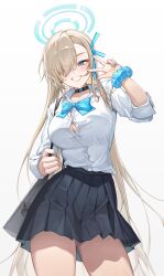 Rule 34 | 1girl, asuna (blue archive), blue archive, eunyoo, light brown hair, long hair, looking at viewer, shirt, simple background, smile, solo, standing, white shirt