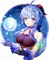 Rule 34 | 1girl, ahoge, bare shoulders, bell, black gloves, blue hair, breasts, chestnut mouth, detached sleeves, ganyu (genshin impact), genshin impact, gloves, gold trim, highres, horns, large breasts, long hair, looking at viewer, neck bell, open mouth, orb, purple eyes, qilin (mythology), saikashiu, sidelocks, solo, upper body, white sleeves