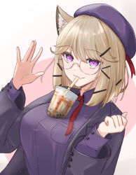 Rule 34 | 1girl, absurdres, animal ear fluff, animal ears, arknights, beret, breasts, bubble tea challenge, buttoned cuffs, cat ears, chinese commentary, commentary request, drink, drinking, drinking straw, drinking straw in mouth, glasses, hair ornament, hairclip, hat, highres, jacket, large breasts, layered sleeves, light brown hair, looking at viewer, milk tea, mixed-language commentary, open clothes, open jacket, purple eyes, purple jacket, purple shirt, runyo (yale12312), semi-circular eyewear, semi-rimless eyewear, shirt, smile, solo, under-rim eyewear, utage (arknights), utage (disguise) (arknights)