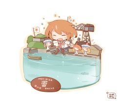 Rule 34 | 10s, 4girls, artist name, blush stickers, boat, brown hair, character name, commentary request, crane (machine), dock, closed eyes, fairy (kancolle), fang, fish, flag, hair ornament, hairclip, hanomido, hat, ikazuchi (kancolle), instrument, isometric, kantai collection, multiple girls, neckerchief, open mouth, ribbon, sailor hat, school uniform, serafuku, short hair, skirt, thighhighs, trumpet, water, watercraft