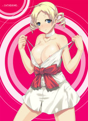 Rule 34 | 1girl, ahoge, areola slip, atlus, bare shoulders, blonde hair, blue eyes, blush, bow, breasts, camisole, catherine, catherine (game), choker, cleavage, darabuchi, drill hair, highres, large breasts, naughty face, nipple slip, nipples, no bra, open mouth, sash, short hair, skirt, smile, solo, standing, twin drills, twintails, undressing, waist bow