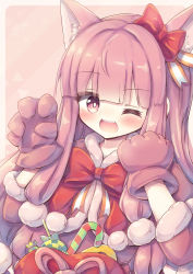 Rule 34 | 1girl, ;d, absurdres, animal ear fluff, animal ears, bad id, bad pixiv id, blush, bow, candy, candy cane, candy wrapper, capelet, claw pose, fang, food, fur-trimmed capelet, fur trim, gloves, hair bow, halloween, hands up, highres, kemonomimi mode, kotonoha akane, lollipop, long hair, one eye closed, open mouth, pink capelet, pink gloves, pink hair, puffy short sleeves, puffy sleeves, red bow, red eyes, short sleeves, smile, solo, swirl lollipop, very long hair, voiceroid, waste (arkaura)