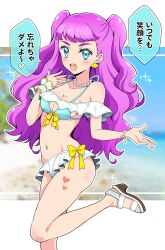 Rule 34 | 1girl, alternate hairstyle, aqua bikini, beach, bikini, blue eyes, blurry, blurry background, bow, bow bikini, bracelet, breasts, cleavage, commentary, day, earrings, foot out of frame, frilled bikini, frilled cuffs, frills, groin, hair up, halterneck, highres, jewelry, kaatsu katsurou, laura la mer, leg up, legs, long hair, looking at viewer, nail polish, navel, necklace, open mouth, outdoors, pearl bracelet, pearl necklace, precure, purple hair, sandals, shell, shell earrings, small breasts, smile, solo, sparkle, standing, standing on one leg, swimsuit, toenail polish, toenails, toes, translated, tropical-rouge! precure, two side up