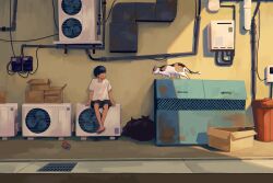 Rule 34 | 1boy, air conditioner, black hair, black shorts, box, building, cable, calico, can, cardboard box, cat, commentary request, day, dumpster, grate, highres, industrial pipe, looking to the side, original, outdoors, sewer grate, shade, shirt, short hair, short sleeves, shorts, sitting, solo, taizo (taizo 03), trash bag, trash can, ventilation shaft, white shirt, wide shot
