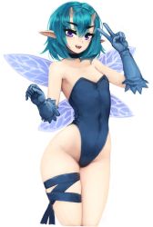 Rule 34 | 1girl, :d, barbariank, bare shoulders, blue gloves, blue hair, blue leotard, blue ribbon, breasts, choker, commentary, cowboy shot, english commentary, eyes visible through hair, fairy wings, fangs, gloves, hair between eyes, hand up, highleg, highleg leotard, horns, leg ribbon, leotard, looking at viewer, monster girl encyclopedia, open mouth, pixie (monster girl encyclopedia), pointy ears, purple eyes, ribbon, short hair, simple background, small breasts, smile, solo, thigh ribbon, v, white background, wings