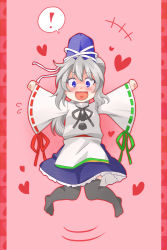 Rule 34 | !, 1girl, :d, bad id, bad pixiv id, blue eyes, frilled skirt, frills, hat, heart, heart in mouth, mononobe no futo, open mouth, outstretched arms, ponytail, ribbon-trimmed sleeves, ribbon trim, silver hair, skirt, smile, solo, spoken exclamation mark, spread arms, tate eboshi, thighhighs, totoharu (kujirai minato), touhou, wide sleeves