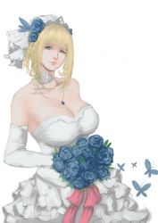 Rule 34 | 1girl, absurdres, blue eyes, blue flower, blue rose, bouquet, breasts, bug, butterfly, cleavage, dress, elbow gloves, eshan, flower, gloves, highres, bug, large breasts, lexington (warship girls r), rose, sketch, solo, warship girls r, wedding dress, white background