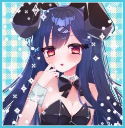 Rule 34 | 1girl, alternate costume, animal ears, bare shoulders, black bow, black bowtie, black leotard, blue background, blue border, blue hair, blush, border, bow, bowtie, breasts, cleavage, commentary request, denonbu, detached collar, fake animal ears, fish hair ornament, hair ornament, hairclip, hand on own face, hand up, highres, leotard, long hair, looking at viewer, ojii-san no oden, open mouth, playboy bunny, rabbit ears, red eyes, shinonome kazune, small breasts, smile, solo, sparkle, strapless, strapless leotard, upper body, wrist cuffs, x hair ornament
