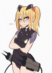 Rule 34 | 1girl, black leotard, blonde hair, blush, breasts, closed mouth, crossed arms, flip flappers, gomi53 hair, headgear, leotard, multicolored hair, ponytail, purple eyes, red hair, small breasts, solo, standing, yayaka